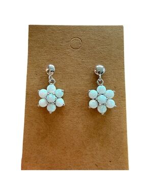Sterling Silver Lab Opal Cluster Flower Dangle Earrings 925 White Opal Floral